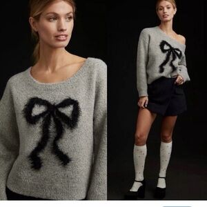 Maeve gray sparkle black bow detail sweater